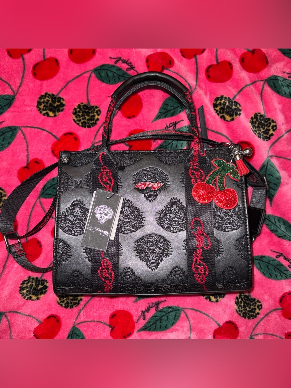 NWT Ed Hardy Black Red Embossed Tiger Logo Tote W. Free Cherry Bag Charm